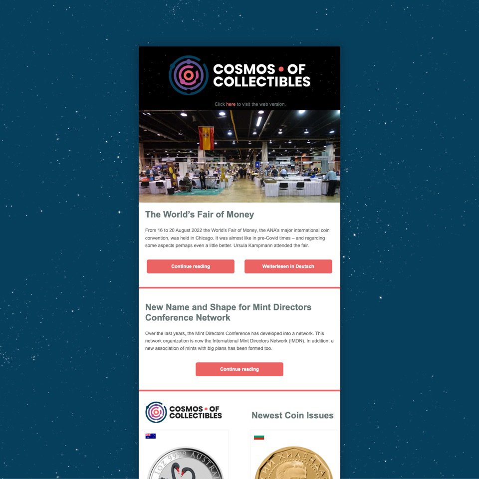 Cosmos of Collectibles Newsletter. The best source on contemporary numismatics.